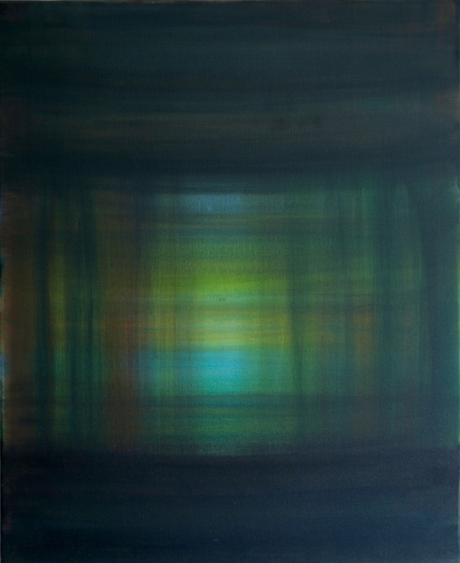 Peinture abstraite aux bleus profonds, traversée d'une lumière turquoise et verte
